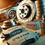 DALL·E 2024-11-03 13.37.59 - A detailed and visually appealing close-up of Textar, Valeo, and Bosch brake pads and discs, neatly arranged on a clean surface. The parts are clearly